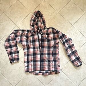 Patagonia First Sun Navy, Orange, and Cream Plaid Jacket
